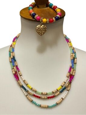 Colorful Beaded Necklace 3 Strand Layered & Stretch Bracelet Heart Boho Beach